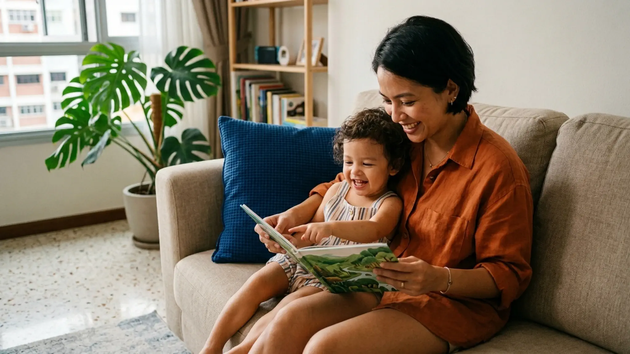 Parent and toddler reading together at home in Singapore